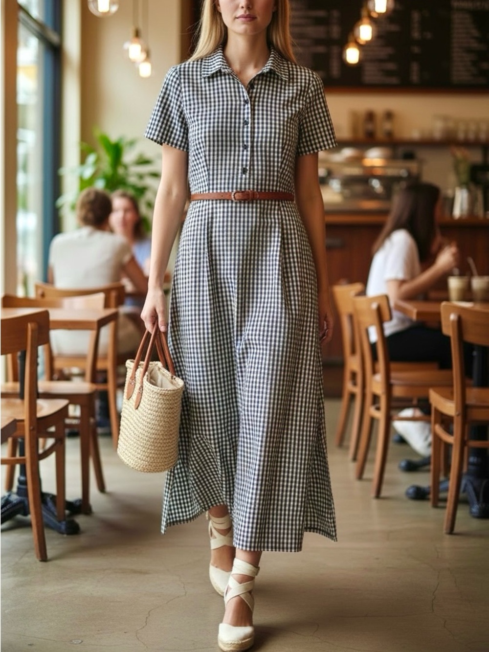 Vintage Sophia Rose Gingham Polo Midi Dress Blue White Check Slit Cottage 12